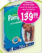 Pampers Active Baby Junior-58's, Maxi+ -62's, Maxi-70's, Midi-82's & Mini-94's Per Pack