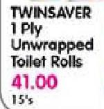Twinsaver 1 Ply Unwrapped Toilet Rolls-15's