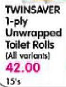 Twinsaver 1-Ply Unwrapped Toilet Rools-15's