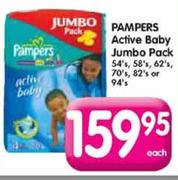 Pampers Active Baby Jumbo Pack-54's,58's,62's,70's,82's or 94's Each