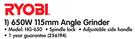 Ryobi 650W 115mm Angle Grinder HG650-Each