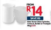 New Bone China Cylinder, Conical, Bullet Or Trumpet Mug-Each