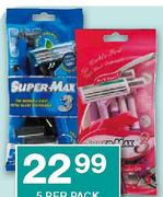Super Max Disposable Triple Blade Razors For Men/Ladies-5's Per Pack
