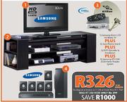 Samsung 82cm LCD HD Ready TV + Siam Plasma Stand + DSTV Decoder+ Samsung HTC330/E330 Home Theatre 