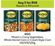 Koo Mixed Or Curry Vegetables Whole Kernel Corn Or Cream Style Corn-For Any 3 x 410/415/420g
