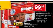 Huggies Dry Comfort Disposable Nappies Mini 2-66's Per Pack + Free Huggies Travel Wipes-24's