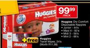 Huggies Dry Comfort Disposable Nappies Max 4-50's Per Pack + Free Huggies Travel Wipes-24's
