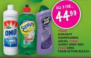 Sunlight Dishwashing Liquid, Handy Andy & OMO Foam Action Bleach-3x750ml