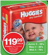 Huggies Dry Comfort Jumbo Pack Disposable Nappies Junior 5-58's/Maxi 4-68's/Midi 3-78's Each