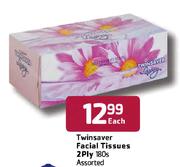 Twinsaver Facial Tissues 2 Ply-180's Assorted Each
