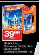 Finish All In 1 Dishwasher Tablets-14's/Double Action Dishwasher Powder-1Kg Per Pack