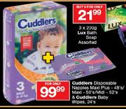 Cuddlers Disposable Nappies Maxi Plus-48's/Maxi-50's/Midi-52's & Cuddlers Baby Wipes-24's