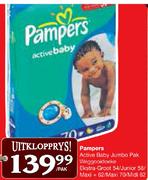 Pampers Active Baby Jumbo Pak Weggooidoeke Ekstra-Groot-54's/Junior-58's Per Pak