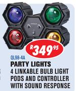 Party Lights 4 Linkable Bulb Light Pods & Controller With Sound Response (QL98-4A)
