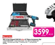 Makita 18V Li-Ion Impact Drill Kit BHP453RHEX Plus 67 Piece Accessory Set