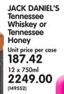 Jack Daniel's Tennessee Whiskey Or Tennessee Honey-12x750ml