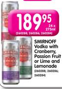 Smirnoff Vodka With Cranberry, Passion Fruit Or Lime And Lemonade-24x275ml