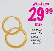 9ct Gold and Silver Single Earring Rounded-Each