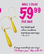 9ct Gold and Silver Large Teardrop Earrings-Per Pair