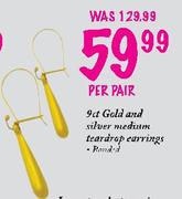 9ct Gold and Silver Medium Teardrop Earrings Rounded-Per Pair 
