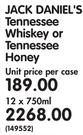 Jack Daniel's Tennessee Whiskey or Tennessee Honey-12 x 750ml