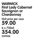 Warwick First Lady Cabernet Sauvignon or Chardonnay-6 x 750ml