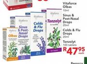 Vitaforce Olbas-10ml/Sinus & PostNasal Drops-20ml/Colds & Flu Drops-20ml/Tonzolyt Tablets-100's Each