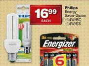 Philips Energy Saver Globe-14W/BC Or 14W/Es Each