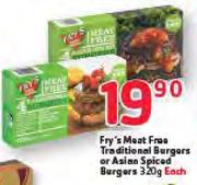 Fry's Meat free Traditional Burgers Or Asian Spiced Burgers-320g Each