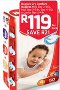 Huggies Dry Comfort Nappies Mini Size 2-66s,Midi Size 3-58s,Size 4-50s or Junior Size 5-44s-Per Pack