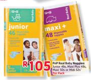 PnP Real Baby Nappies Junior 46's, Maxi Plus 48's, Maxi 50's or Midi 52's-Per Pack