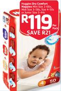 Huggies Dry Comfort Nappies Mini Size 2-66s,Midi Size 3-58s,Size 4-50s or Junior Size 5-44s-Per Pack