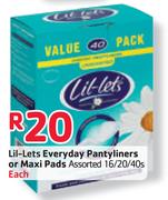 Lil-Lets Everyday Pantyliners or Maxi Pads-16/20/40's Each