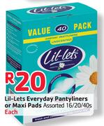 Lil Lets Everyday Pantyliners Or Maxi Pads Assorted 16/20/40's-Each