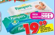 Pampers Fresh/Sensitive Baby/Wipes Refill-56/64's Per Pack Each