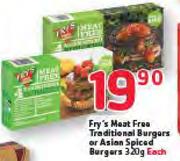 Fry's Meat Free Traditional Burgers Or Asian Spiced Burger-320g Each