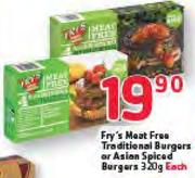 Fry's Meat Free Traditional Burgers Or Asian Spiced Burgers-320G Each