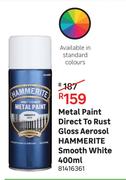 Hammerite Smooth White Direct To Rust Gloss Aerosol Metal Paint-400ml