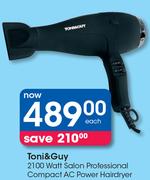 Toni & Guy 2100 Watt Salon Professional Compact AC Power Hairdryer-Each