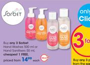 Sorbet Hand Washes 500ml Or Hand Sanitisers 50ml-Each