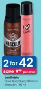 Lentheric I Love Body Spray 90ml Or Masculin 150ml-For 2