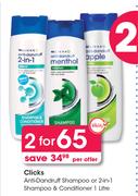 Clicks Anti Dandruff Shampoo Or 2 In 1 Shampoo Or Conditioner 1L-For 2