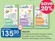 Clicks My Earth Eco-Friendly Reusable Nappies 3 Pack or Reusable Cotton Inserts 5 Pack-Per Pack