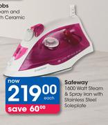 Safeway 1600 Watt Steam And Spray Iron With Stainless Steel Soleplate-Each