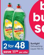 Sunlight Dishwashing Liquid-For 2 x 750ml Per Offer