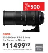 Sigma 150-500mm F5-6.3 Lens For Canon Or Nikon