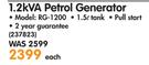  Ryobi 1.2kVA Petrol Generator RG-1200