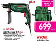 Bosch 650W Compact Drill+ 39 Piece Accessory Set PSB650RE-Per Set