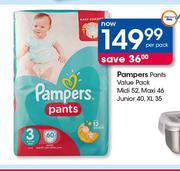 Pampers Pants Value Pack Midi 52, Maxi 46, Junior 40, XL 35-Per Pack
