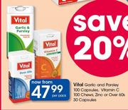Vital Garlic & Parsley 100 Capsules, Vitamin C 100 Chews, Zinc Or Over 60s 30 Capsules-Per Pack
